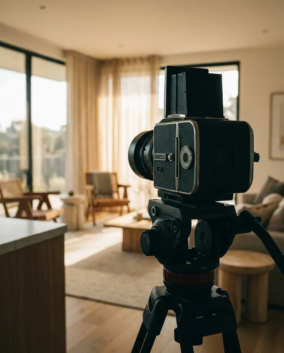 Professional camera on a tripod framing a sunlit modern living room