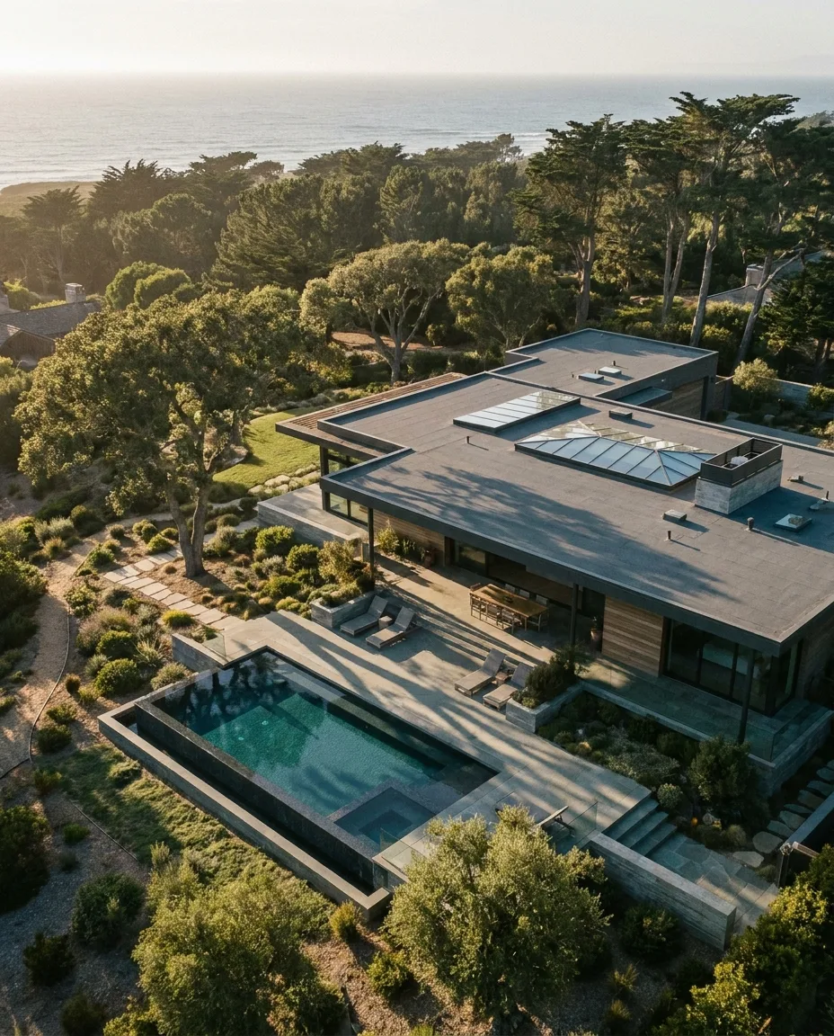 Aerial view of a modern property with a flat roof, pool and long afternoon shadows