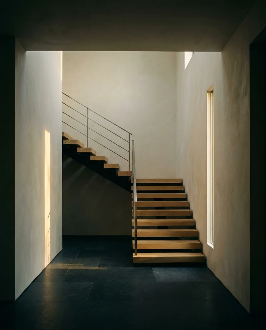 Double-height entry hall with a floating oak staircase and a blade of sunlight on a plaster wall