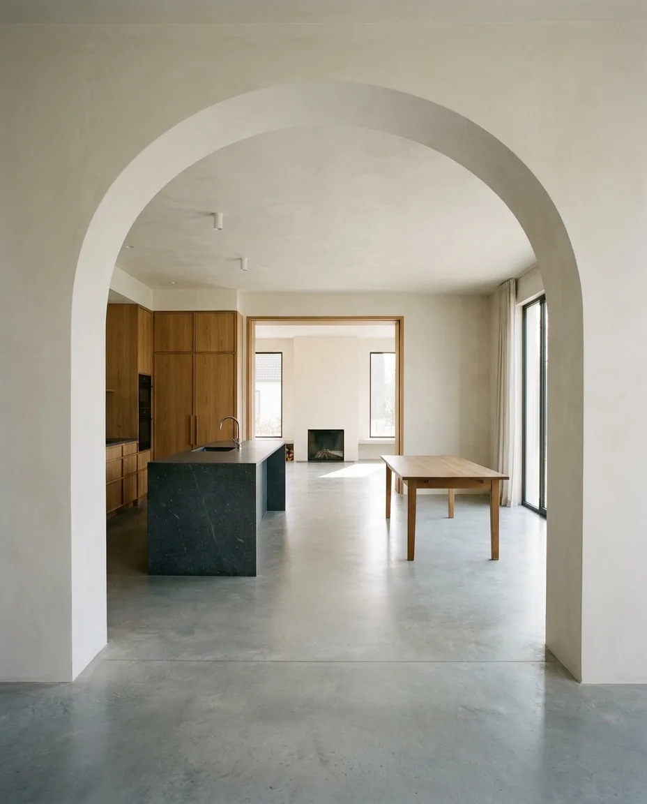 Open-plan kitchen and dining room seen through a doorway with clear sightlines through three rooms
