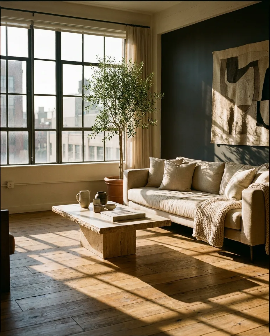 Sunlit modern living room with oak floors, linen sofa and a charcoal accent wall