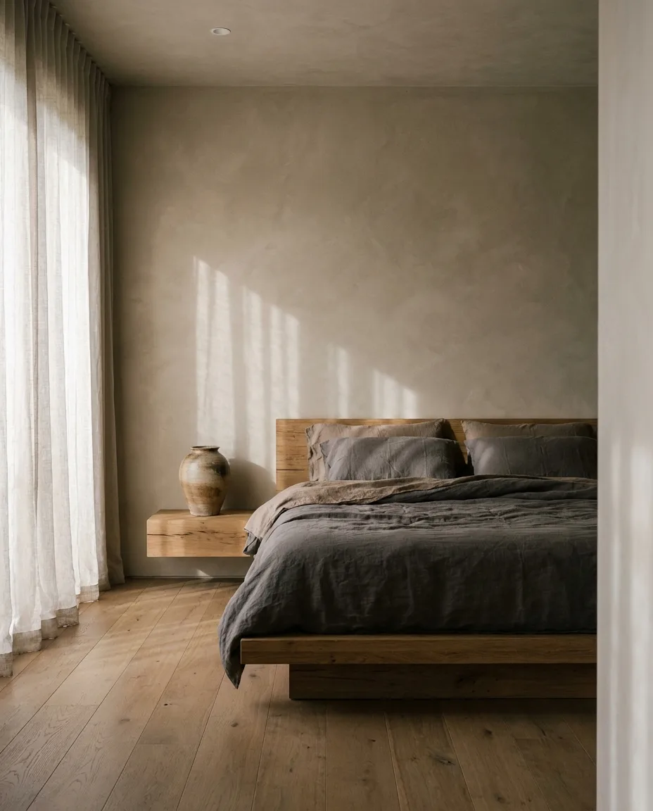 Minimal modern bedroom with a low platform bed and soft morning light