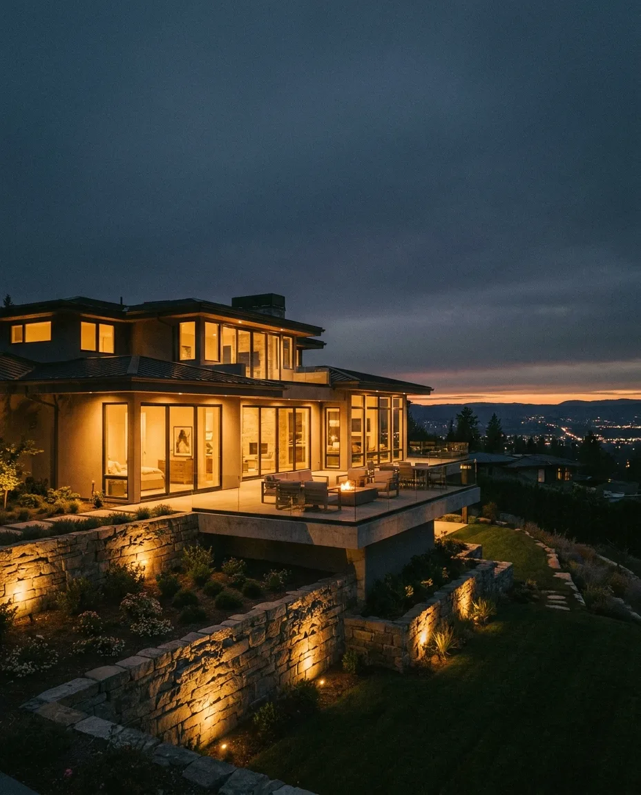 Contemporary hillside home at dusk with every window glowing warm amber