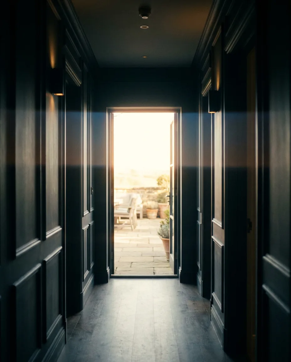 Cinematic frame looking down a dark hallway toward a bright terrace doorway