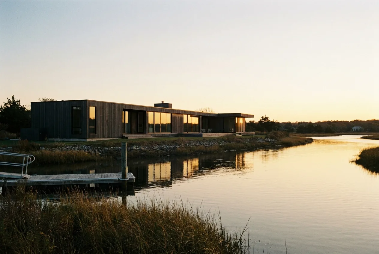 Modern waterfront residence in dark cedar and glass seen across calm water at golden hour